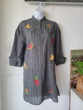 Ethnic By Outfitters Plaid Tunic with  Fruit Embroidery Dress Size S